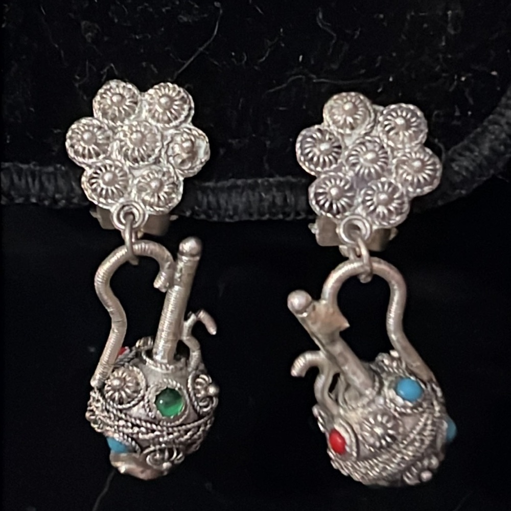 Antique Silver Filigree turquoise coral genie bottle clip on earrings